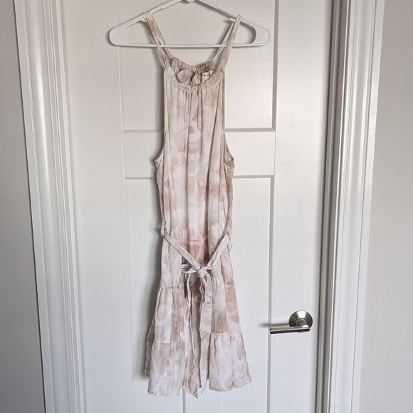 Anthropologie Cloth & Stone Evanne Halter Mini Dress - Tan and White sz S - Picture 1 of 6